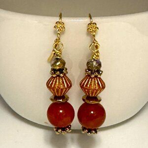 Natural Carnelian Earrings Tangerine Swirl Czech Glass 14KT Gold Plated NWT